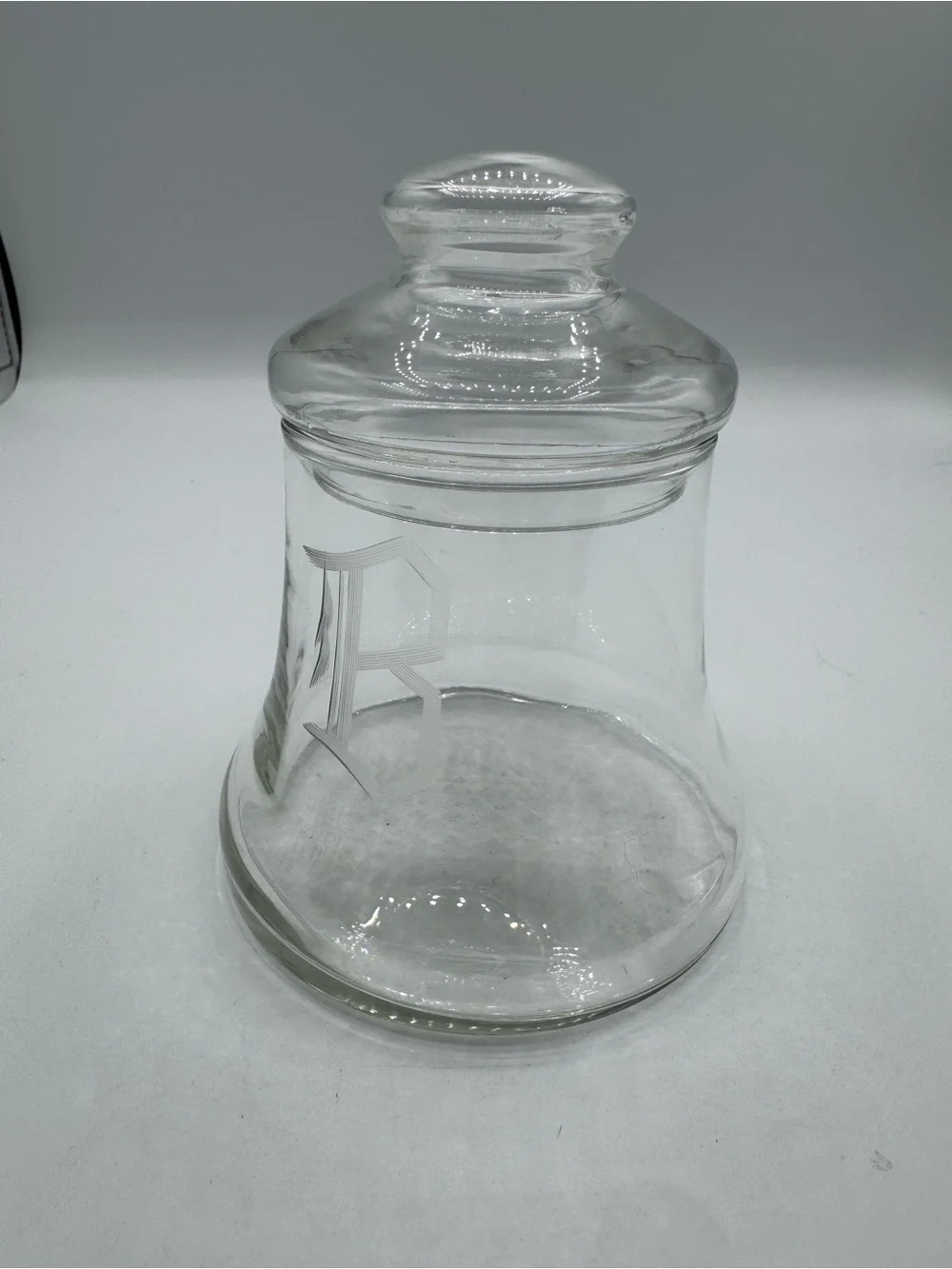 Large Vintage Clear Glass Bell Shaped Apothecary Jar Canister Etched w/ Letter B